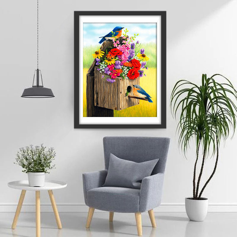 Een Boeket Bloemen en Twee Blauwe Roodborstjes Diamond Painting