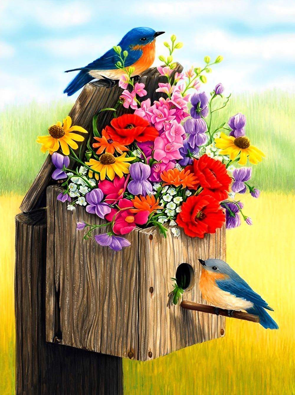 Een Boeket Bloemen en Twee Blauwe Roodborstjes Diamond Painting