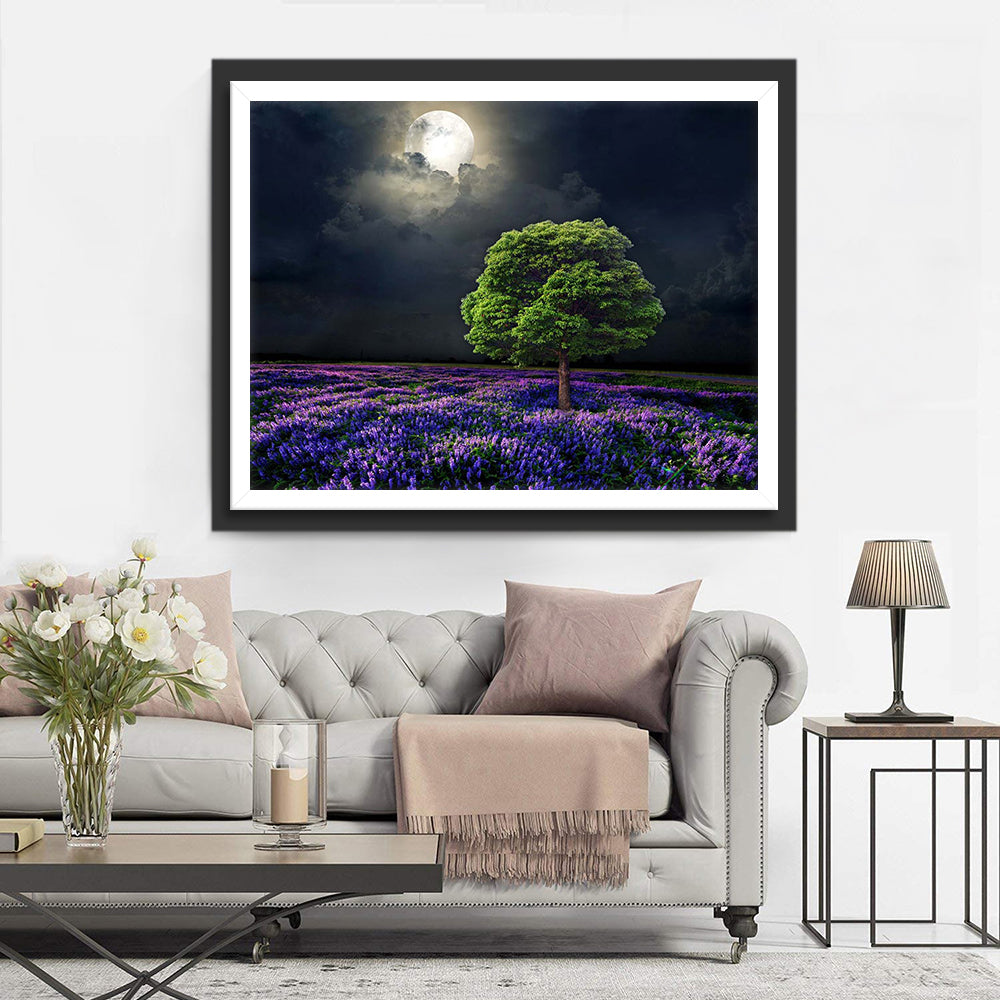 Een Boom in een Lavendelveld bij Volle Maan Diamond Painting