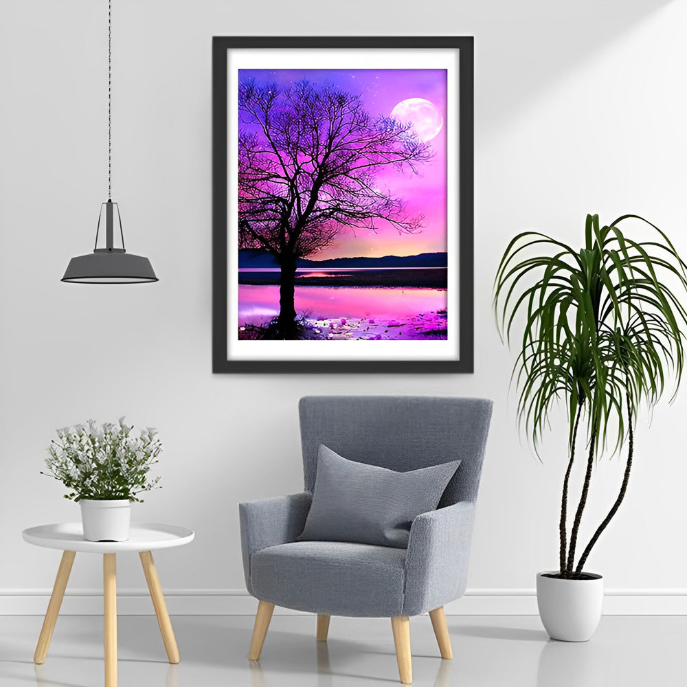 Een Boom onder een Dromerige Violette Sterrenhemel Diamond Painting