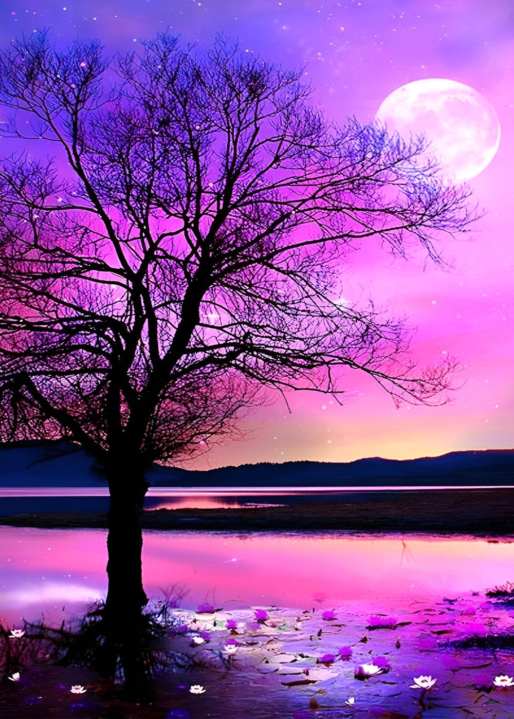 Een Boom onder een Dromerige Violette Sterrenhemel Diamond Painting