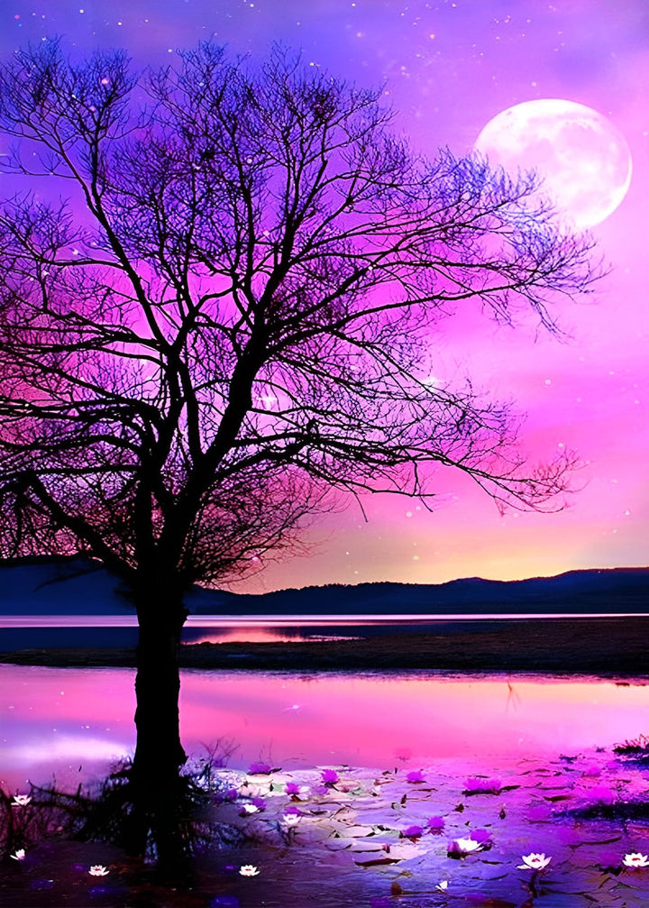 Een Boom onder een Dromerige Violette Sterrenhemel Diamond Painting