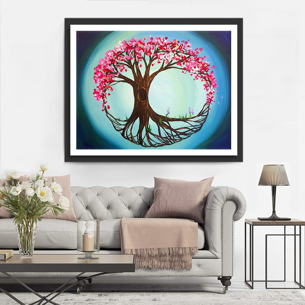 Een Boom vol Roze Bloesems en Levendige Wortels Diamond Painting