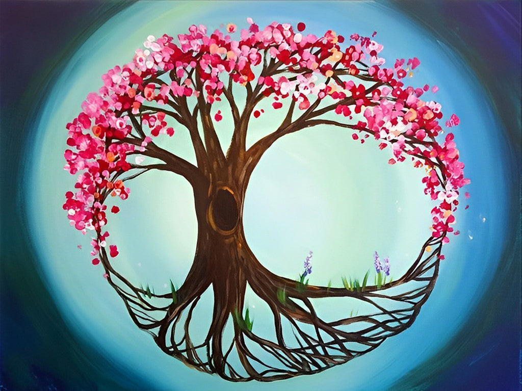 Een Boom vol Roze Bloesems en Levendige Wortels Diamond Painting