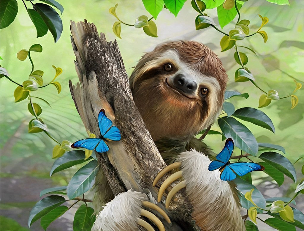 Een Boomknuffelende Luiaard en Vlinders Diamond Painting