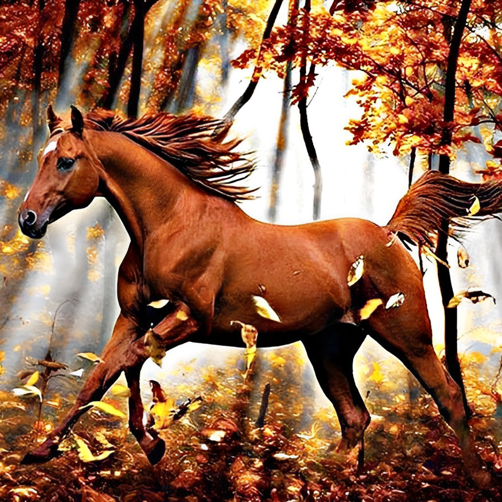Een Bruin Paard in het Herfstbos Diamond Painting