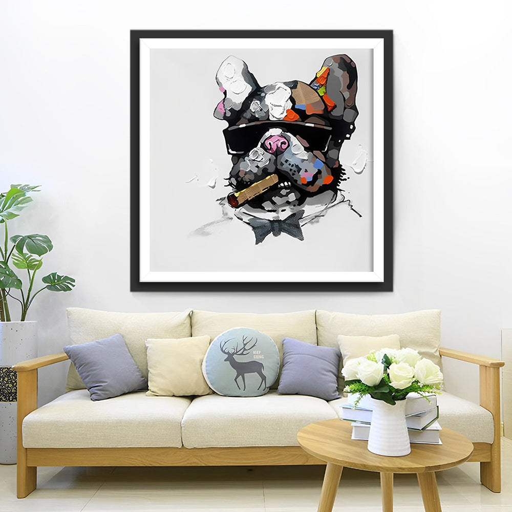 Een Bulldog met een Sigaret in zijn Bek en een Bril op zijn Neus Diamond Painting