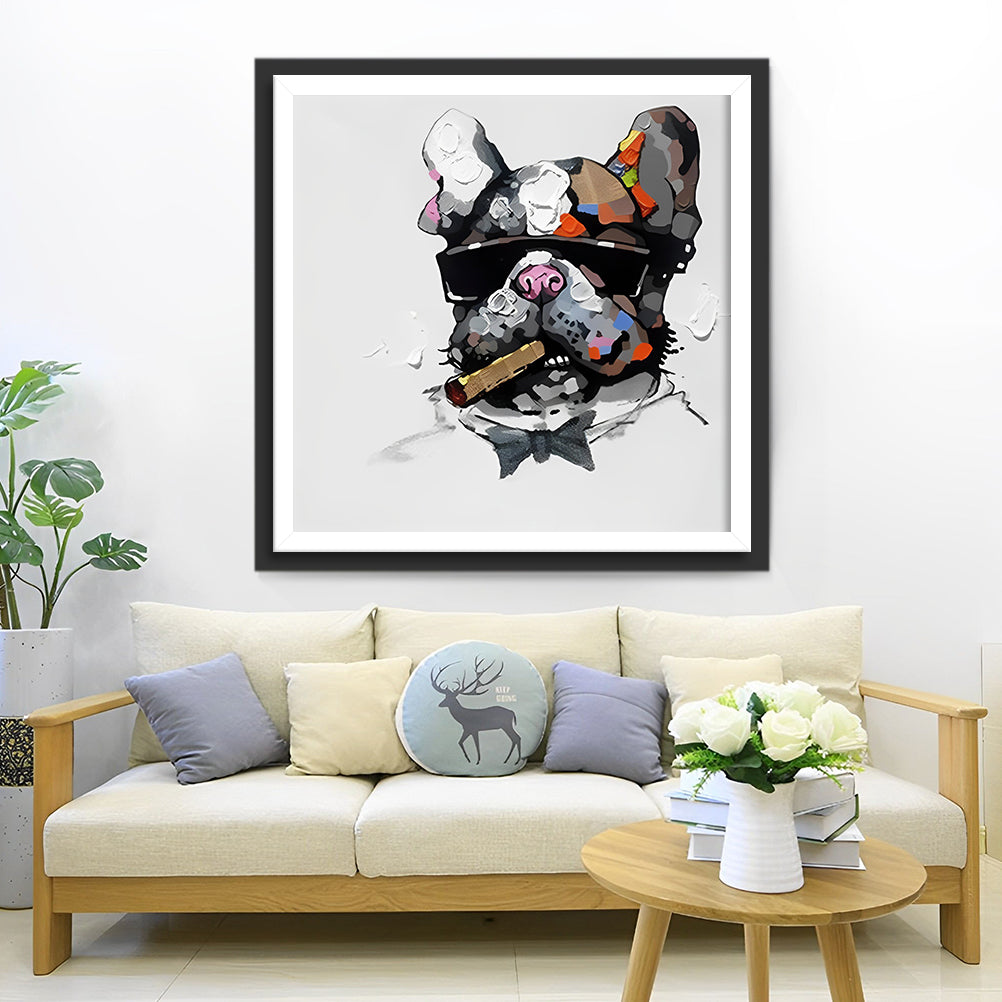 Een Bulldog met een Sigaret in zijn Bek en een Bril op zijn Neus Diamond Painting