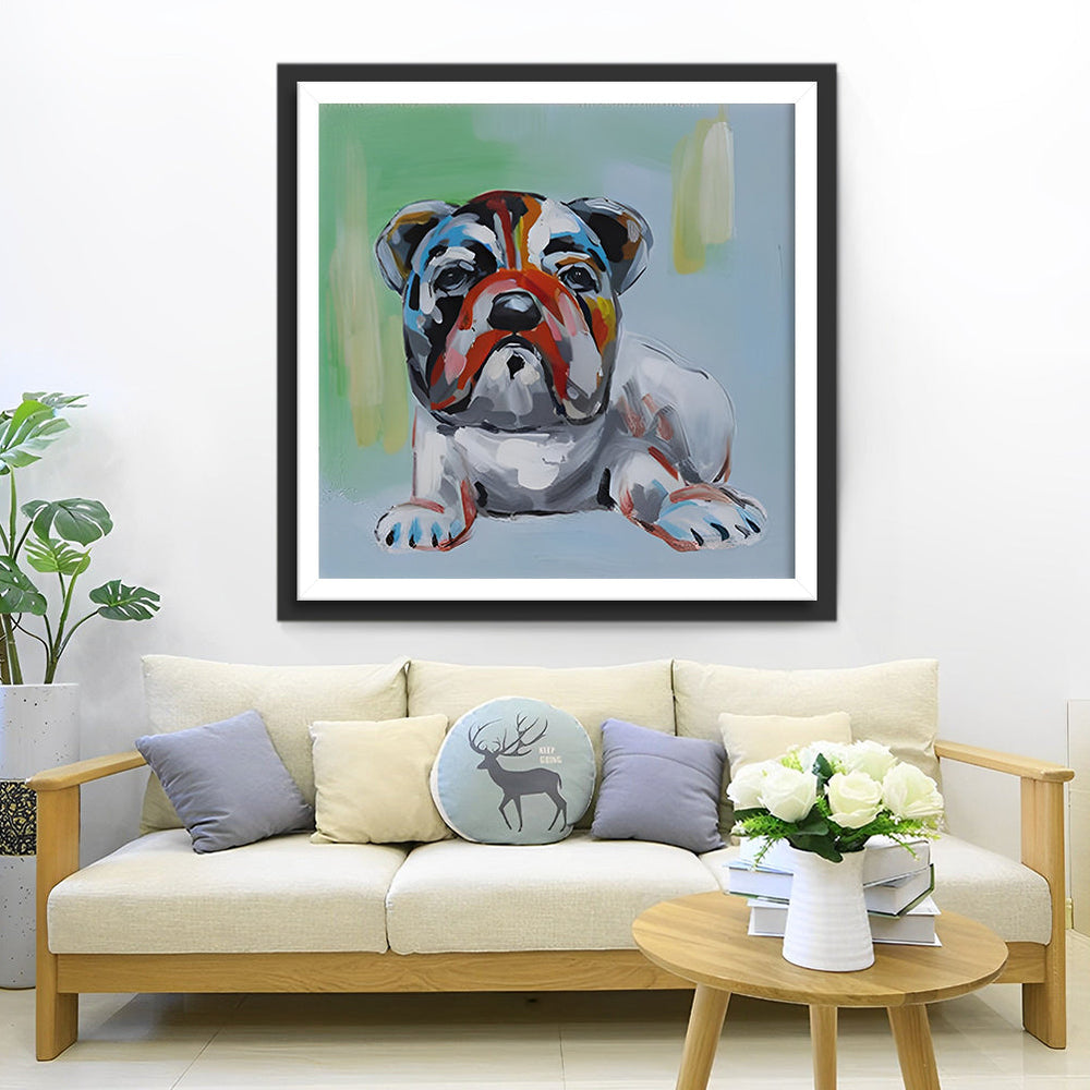 Een Bulldog met Kleurrijke Verf over zijn hele Gezicht Diamond Painting
