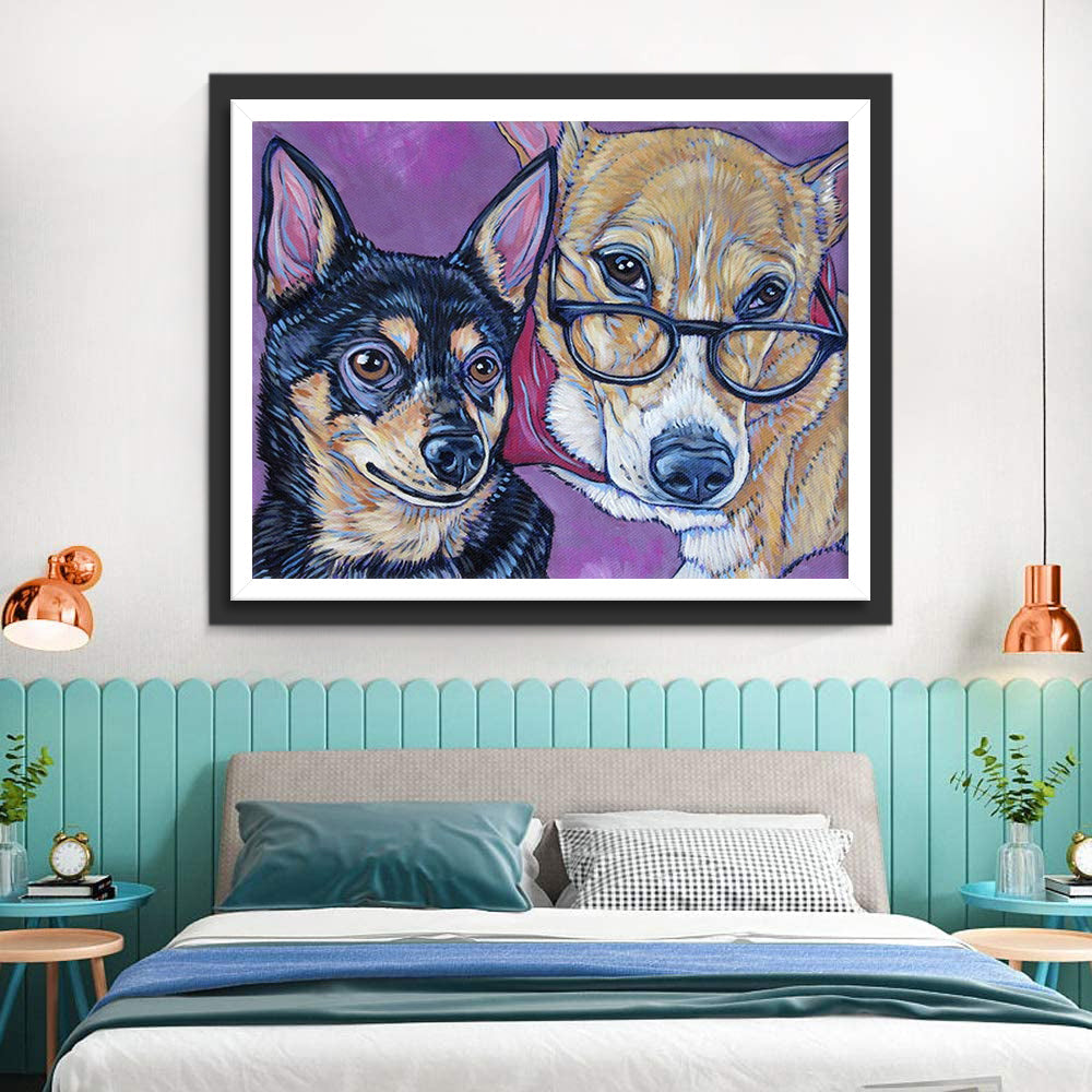 Een Corgi met een Bril en een Chihuahua Diamond Painting