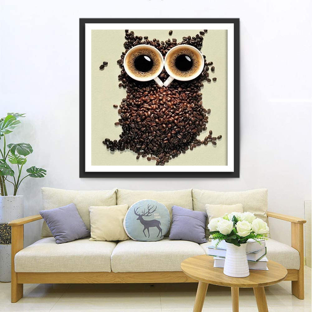 Een Creatieve uil Getekend met Koffie Diamond Painting
