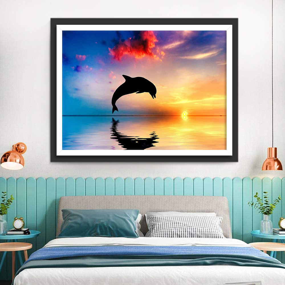 Een Dolfijn in de Zee onder een Kleurrijke Lucht Diamond Painting
