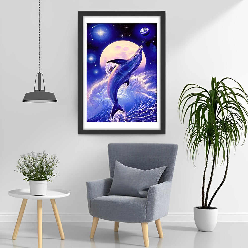 Een Dolfijn Springt uit de Zee onder het Maanlicht Diamond Painting