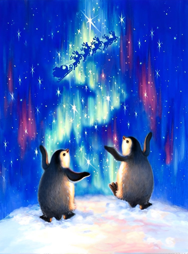 Een Elandenwagen onder de Sterrenhemel en Twee Pinguïns Diamond Painting
