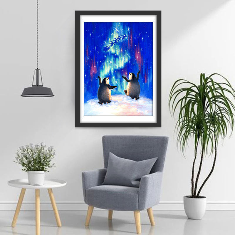 Een Elandenwagen onder de Sterrenhemel en Twee Pinguïns Diamond Painting