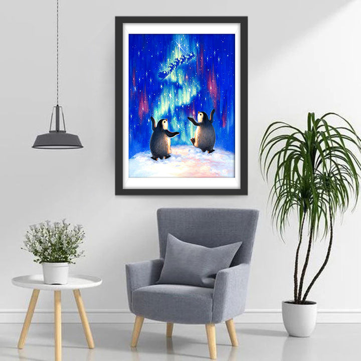 Een Elandenwagen onder de Sterrenhemel en Twee Pinguïns Diamond Painting