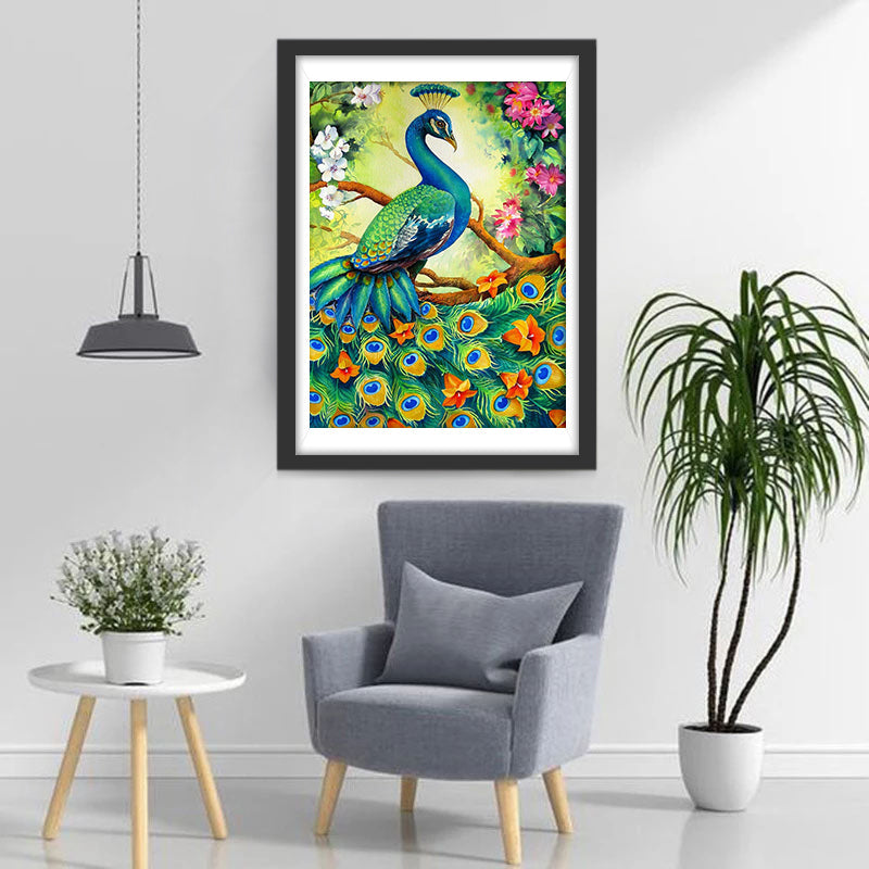 Een Elegante Pauw in de Bloemen Diamond Painting