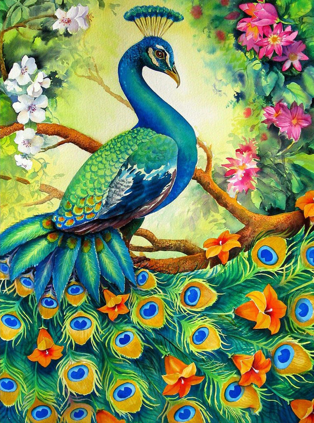 Een Elegante Pauw in de Bloemen Diamond Painting