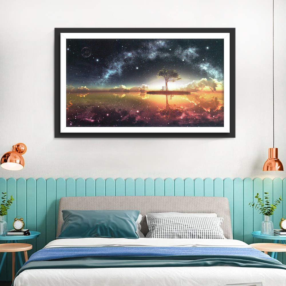 Een Fantasierijk Moment van Dromen onder de Sterren en hun Spiegeling Diamond Painting
