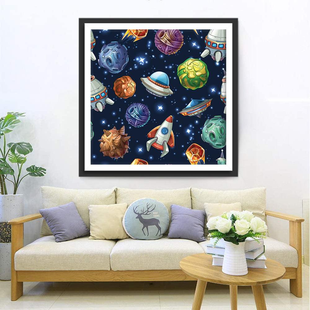 Een Fantasierijk Palet van Planeten en Ruimtetuigen Diamond Painting