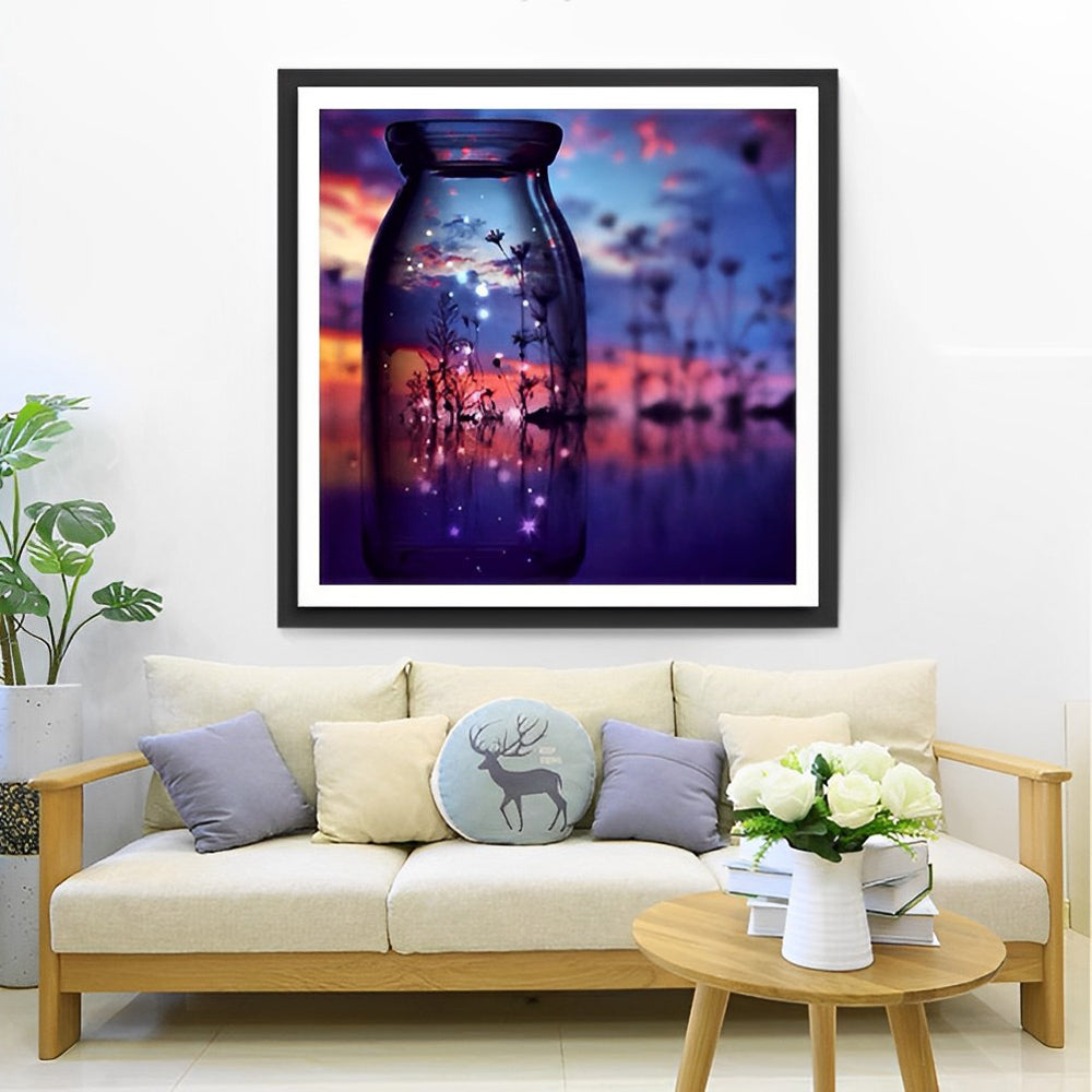 Een Fles met Sterrenhemel en Bloemen Diamond Painting