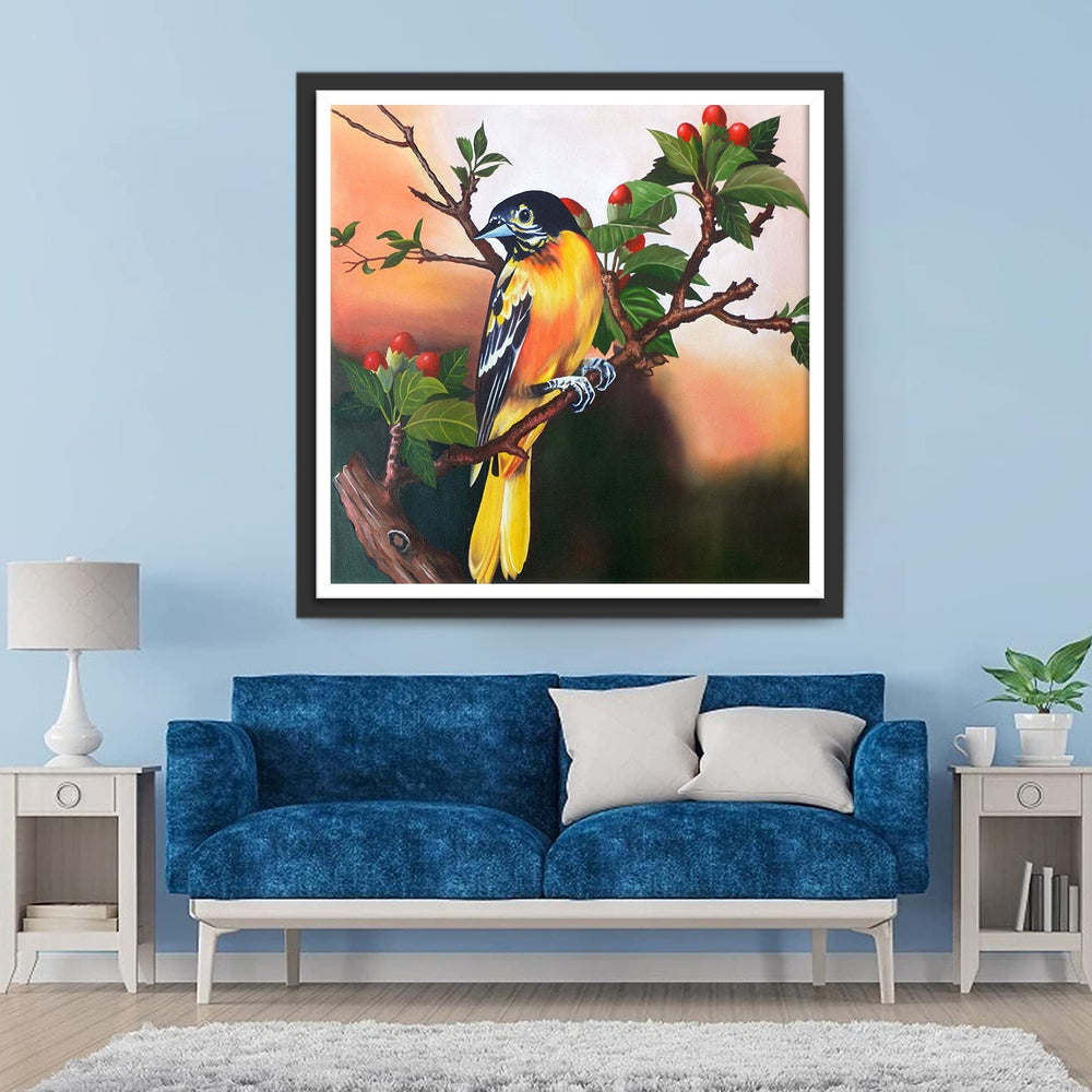 Een Geelzwarte Vogel in een Fruitboom Diamond Painting