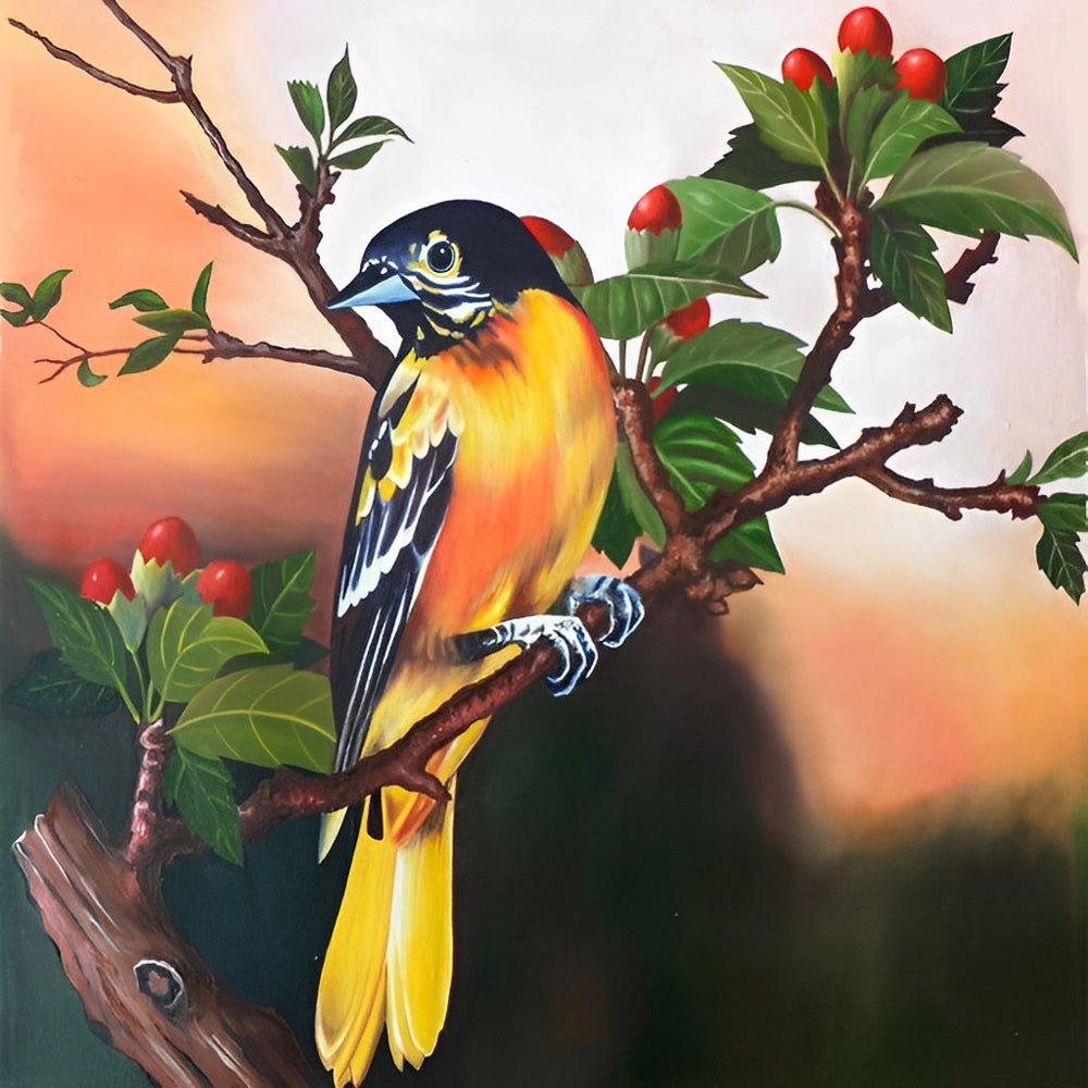 Een Geelzwarte Vogel in een Fruitboom Diamond Painting