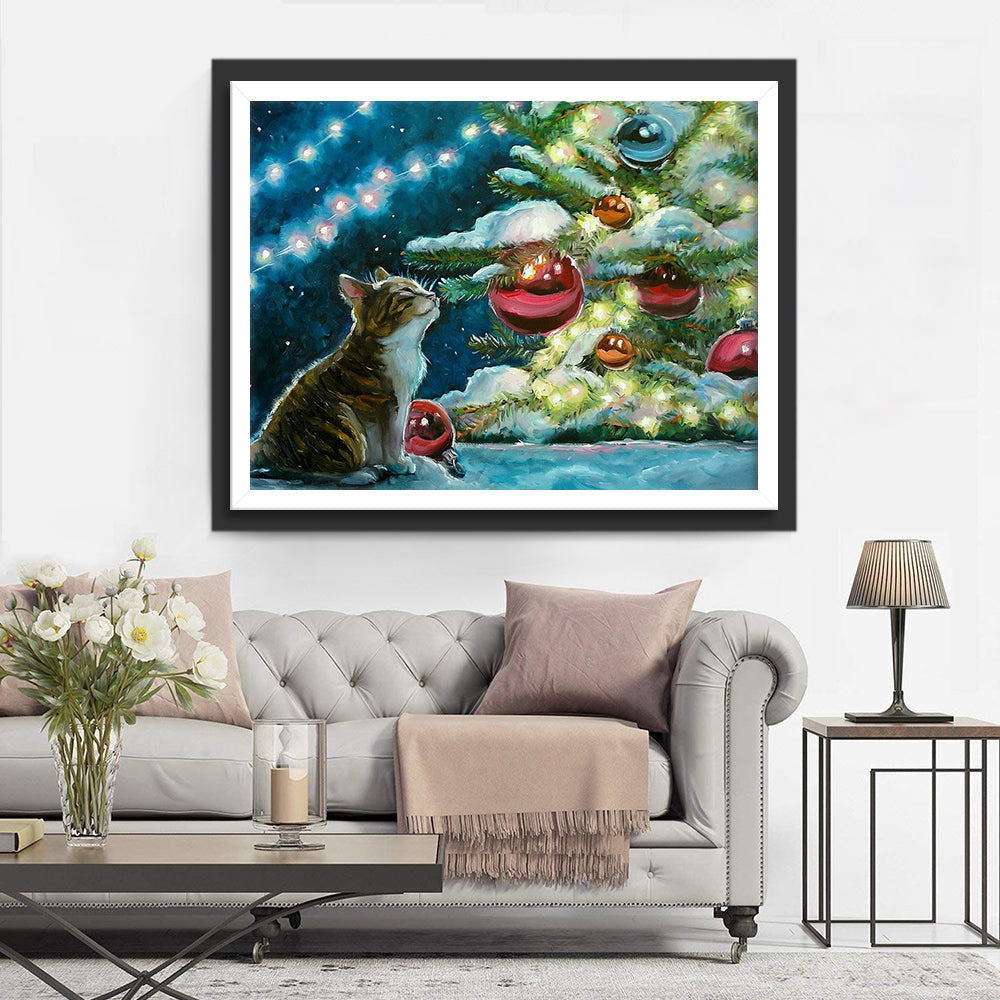 Een Gevlekte Kat die met Kerstballen Speelt Diamond Painting