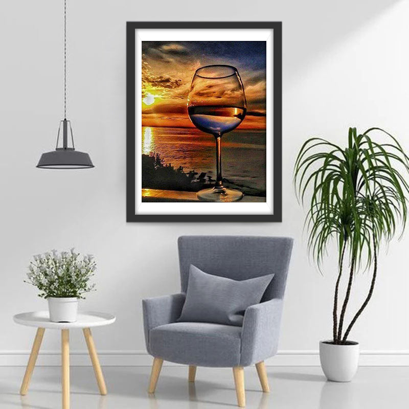 Een Glas Wijn en de Zonsondergang aan Zee Diamond Painting