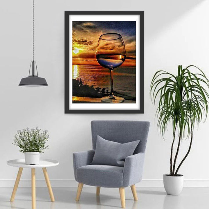 Een Glas Wijn en de Zonsondergang aan Zee Diamond Painting