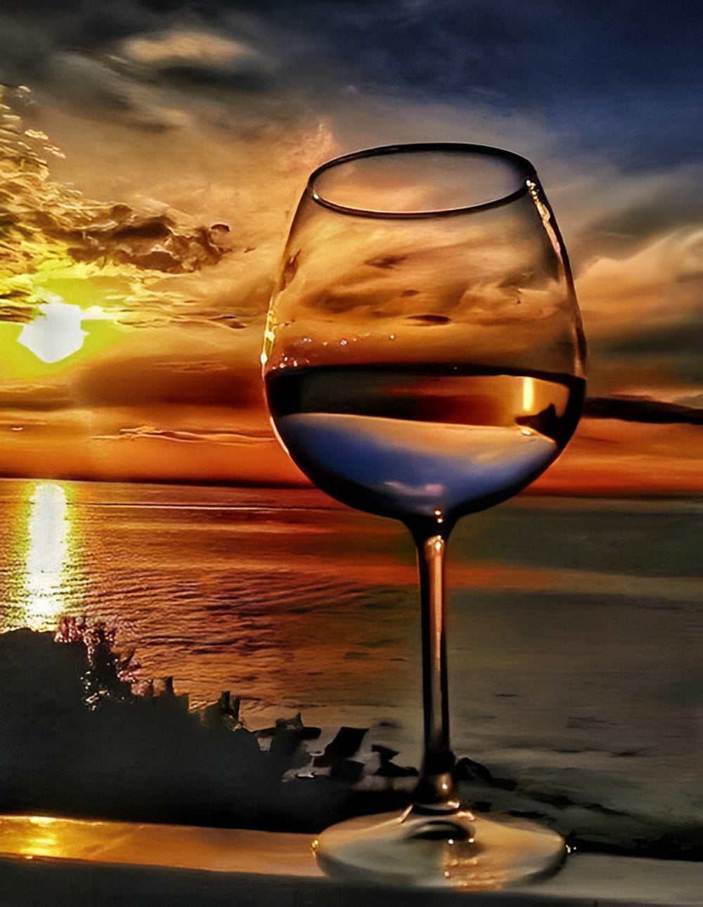 Een Glas Wijn en de Zonsondergang aan Zee Diamond Painting