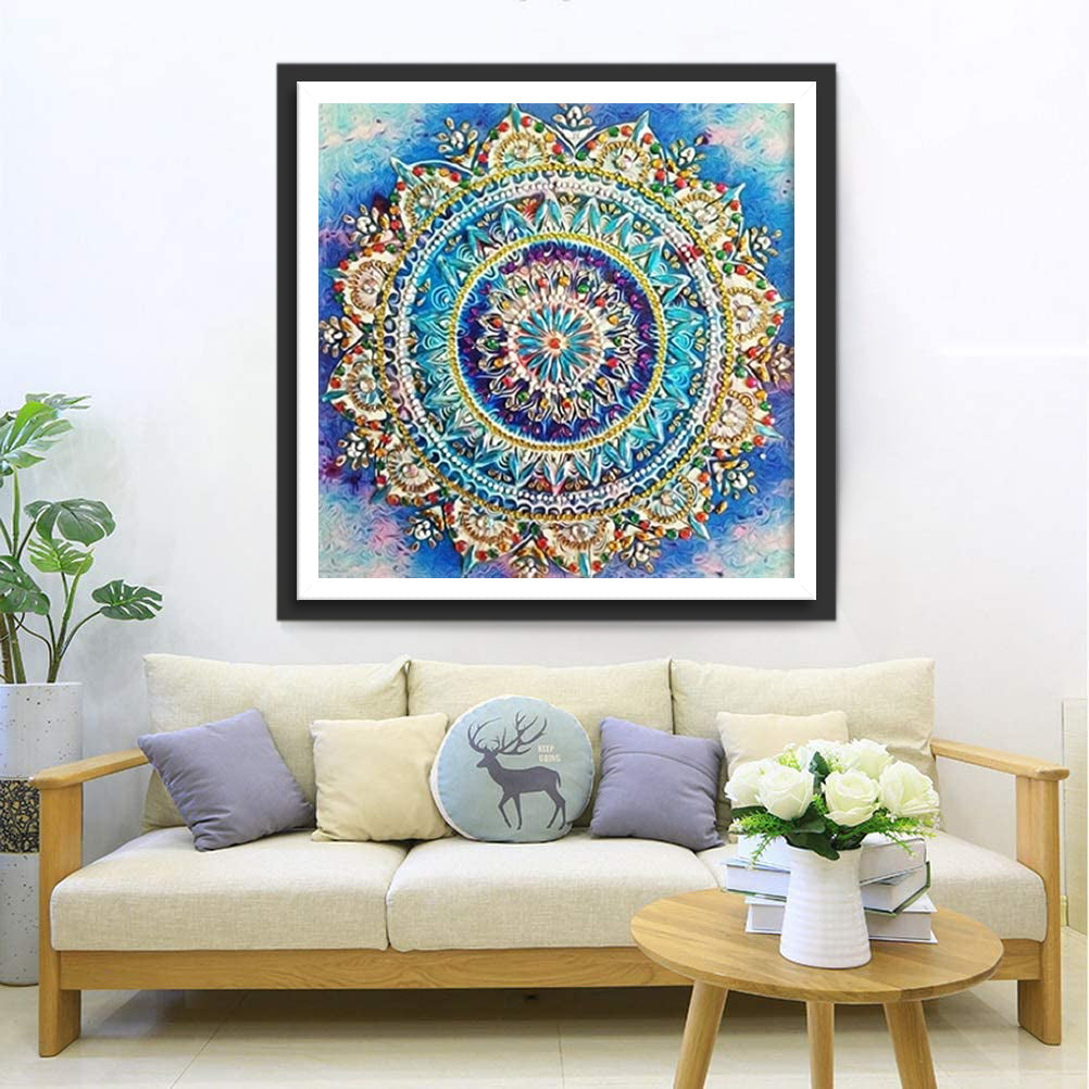 Een Gouden en Blauwe Mandala-versiering Diamond Painting