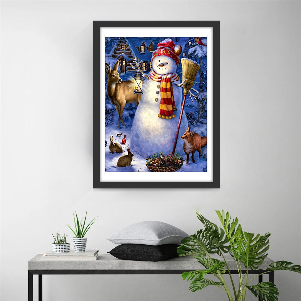 Een Grappige en Schattige Sneeuwpop met een Bezem Diamond Painting