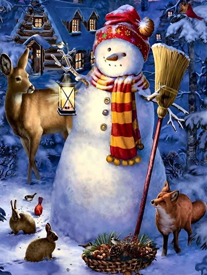 Een Grappige en Schattige Sneeuwpop met een Bezem Diamond Painting