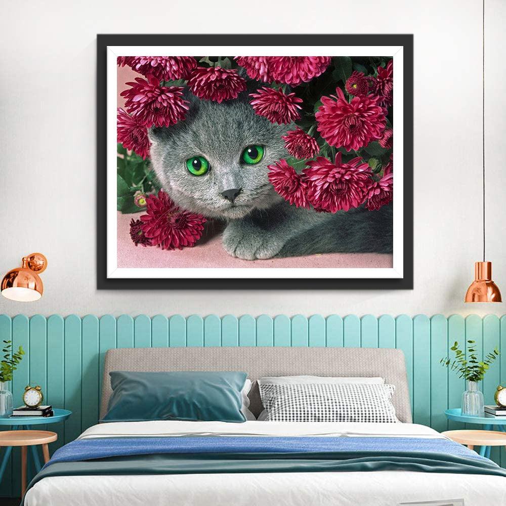 Een Grijze Kat in de Rode Bloemen Diamond Painting