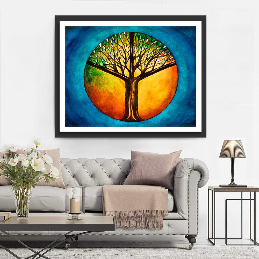 Een Groene Boom tegen een Blauw-Oranje Achtergrond Diamond Painting