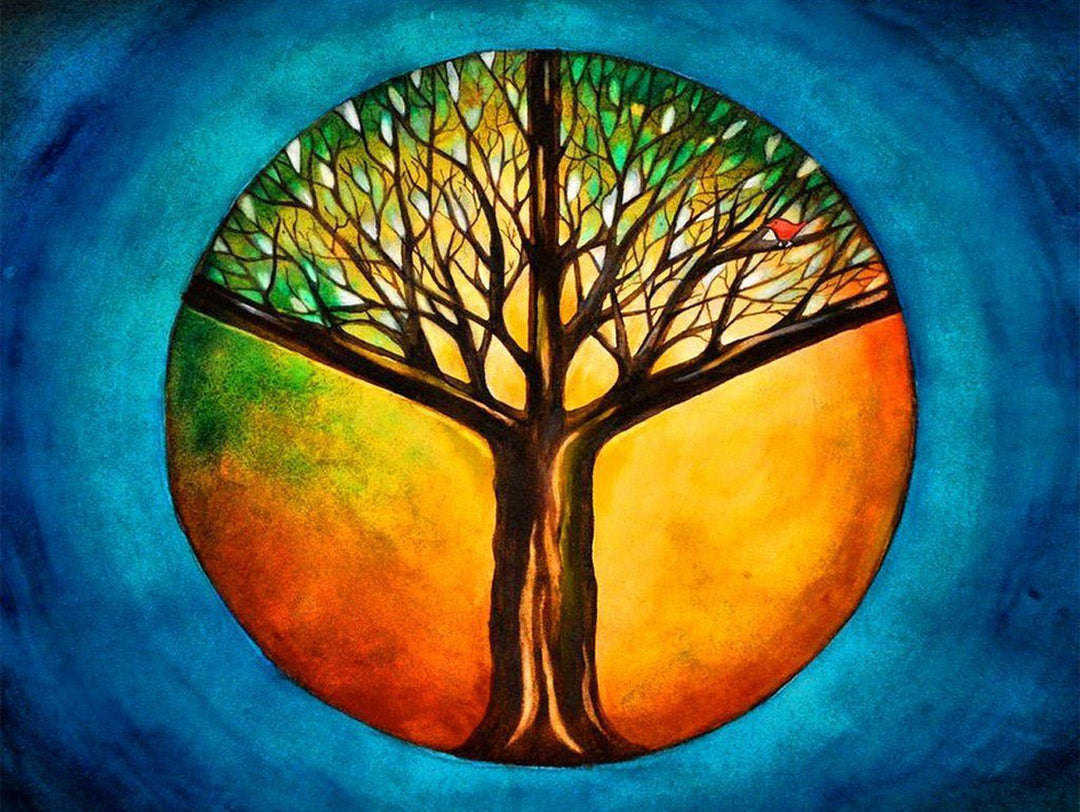 Een Groene Boom tegen een Blauw-Oranje Achtergrond Diamond Painting