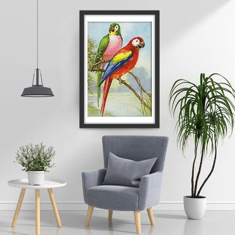 Een Groene en een Rode Papegaai Diamond Painting