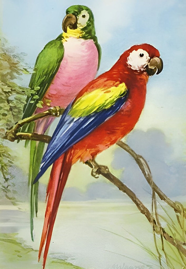 Een Groene en een Rode Papegaai Diamond Painting