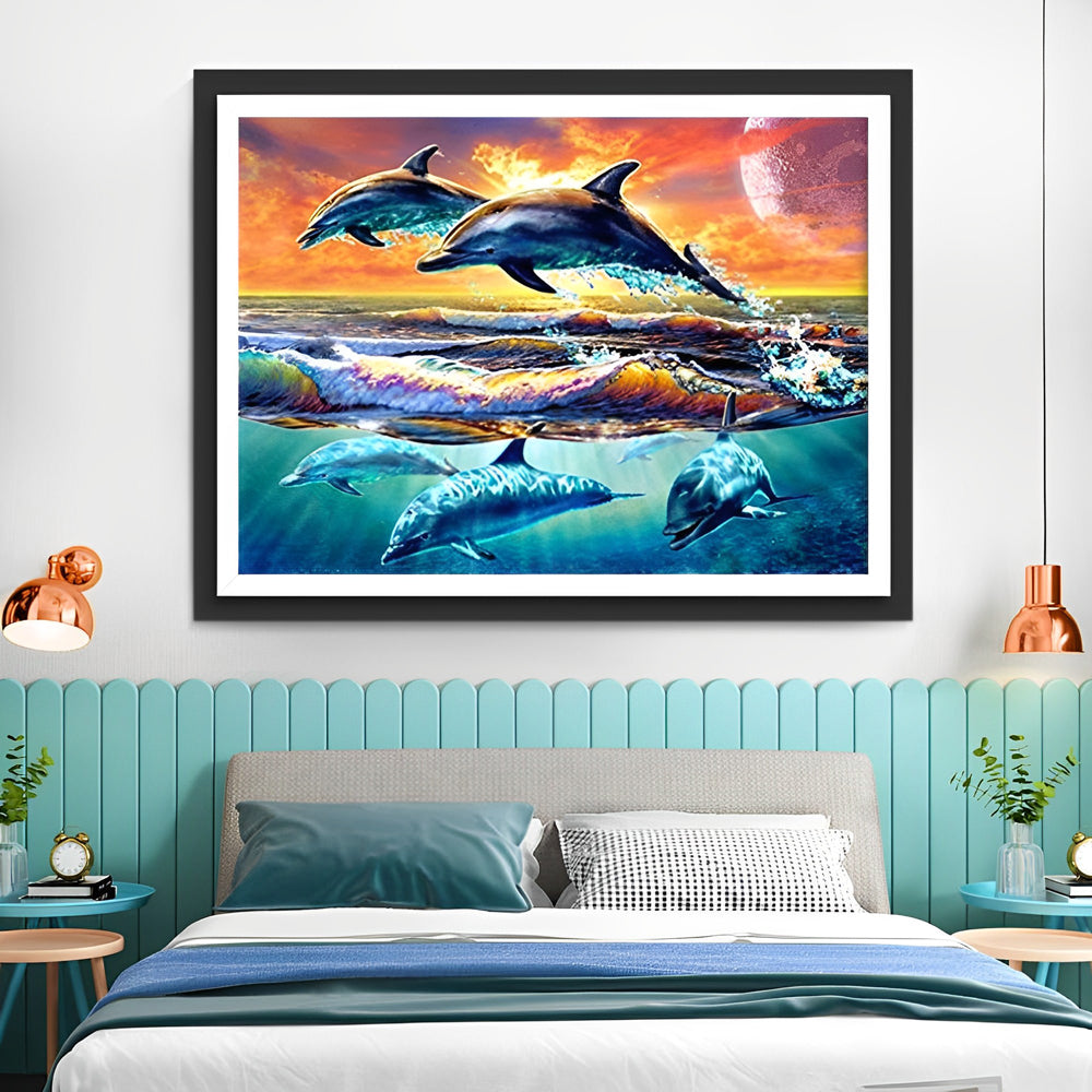 Een Groep Dolfijnen in de Zee bij Zonsondergang Diamond Painting