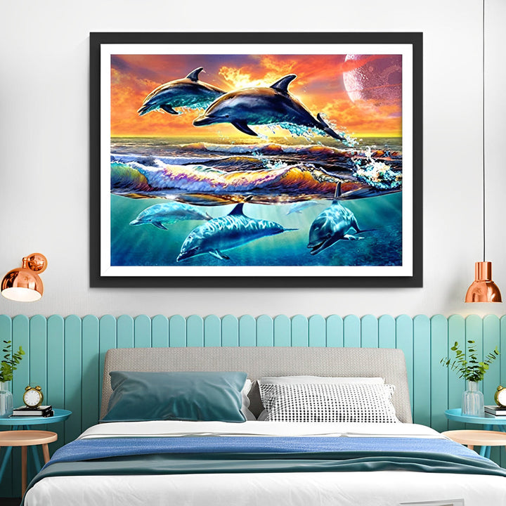 Een Groep Dolfijnen in de Zee bij Zonsondergang Diamond Painting