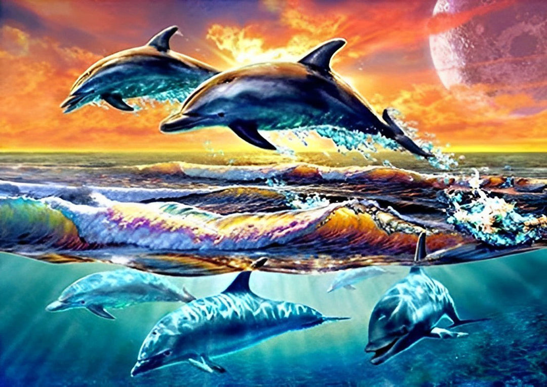Een Groep Dolfijnen in de Zee bij Zonsondergang Diamond Painting