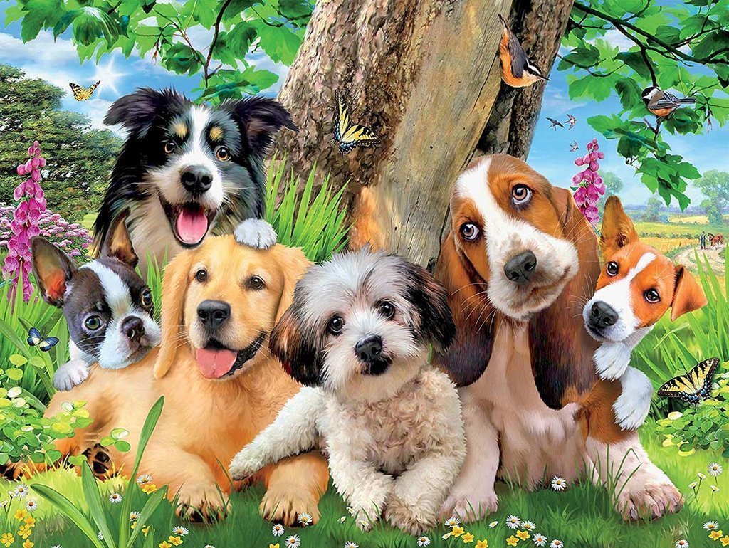 Een Groep Honden in het Gras onder een Boom Diamond Painting