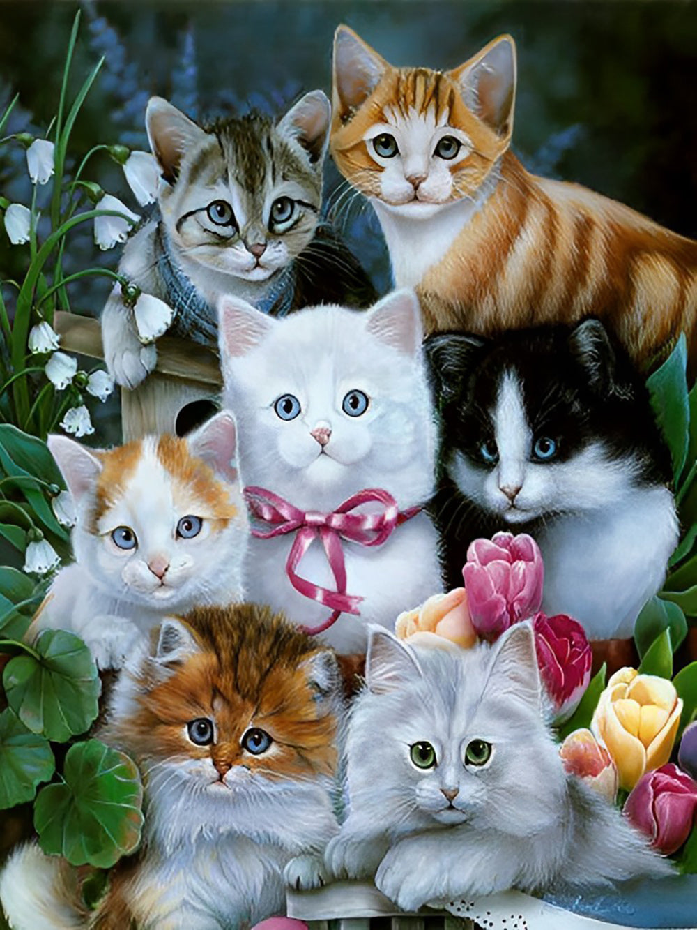 Een Groep Katten in de Bloemenstruik Diamond Painting