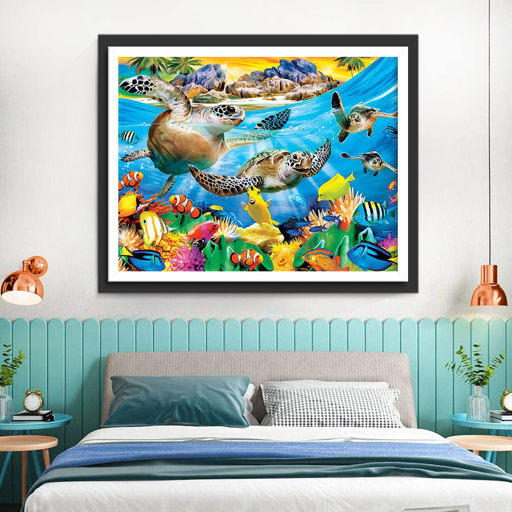 Een Groep Zeeschildpadden en Kleurrijke Zeedieren Diamond Painting