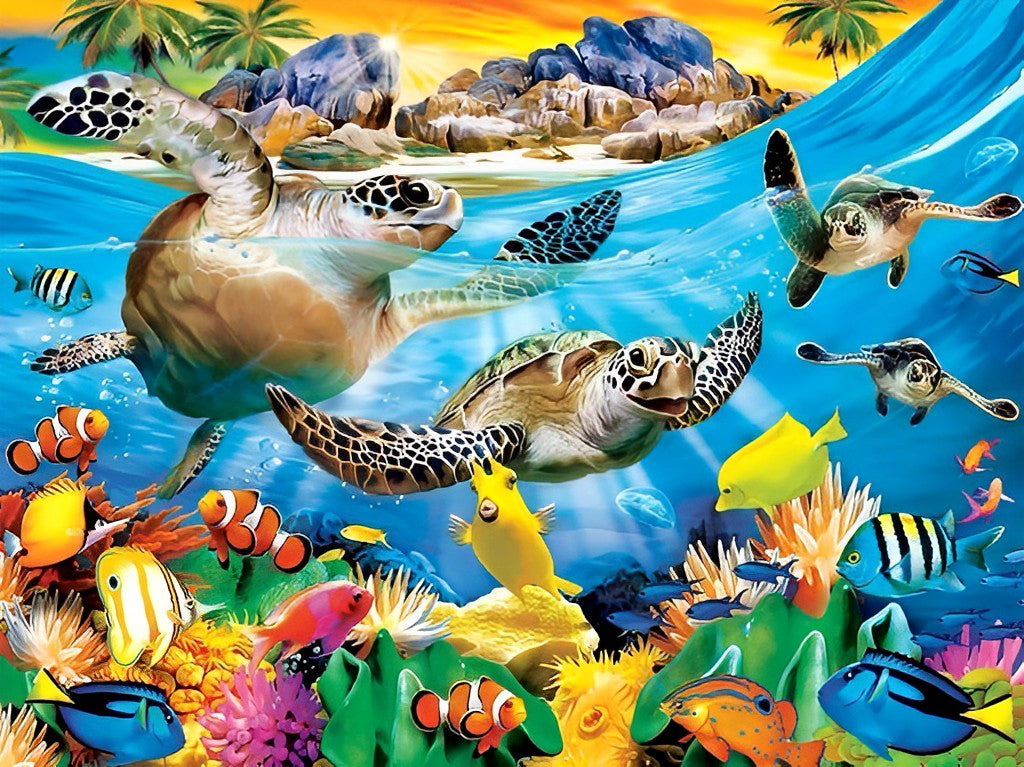 Een Groep Zeeschildpadden en Kleurrijke Zeedieren Diamond Painting