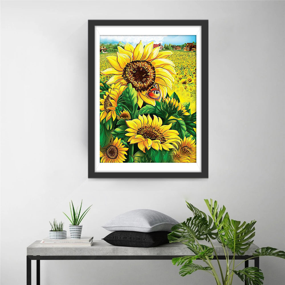 Een Groep Zonnebloemen en Vlinders in een Zonnebloemenveld Diamond Painting