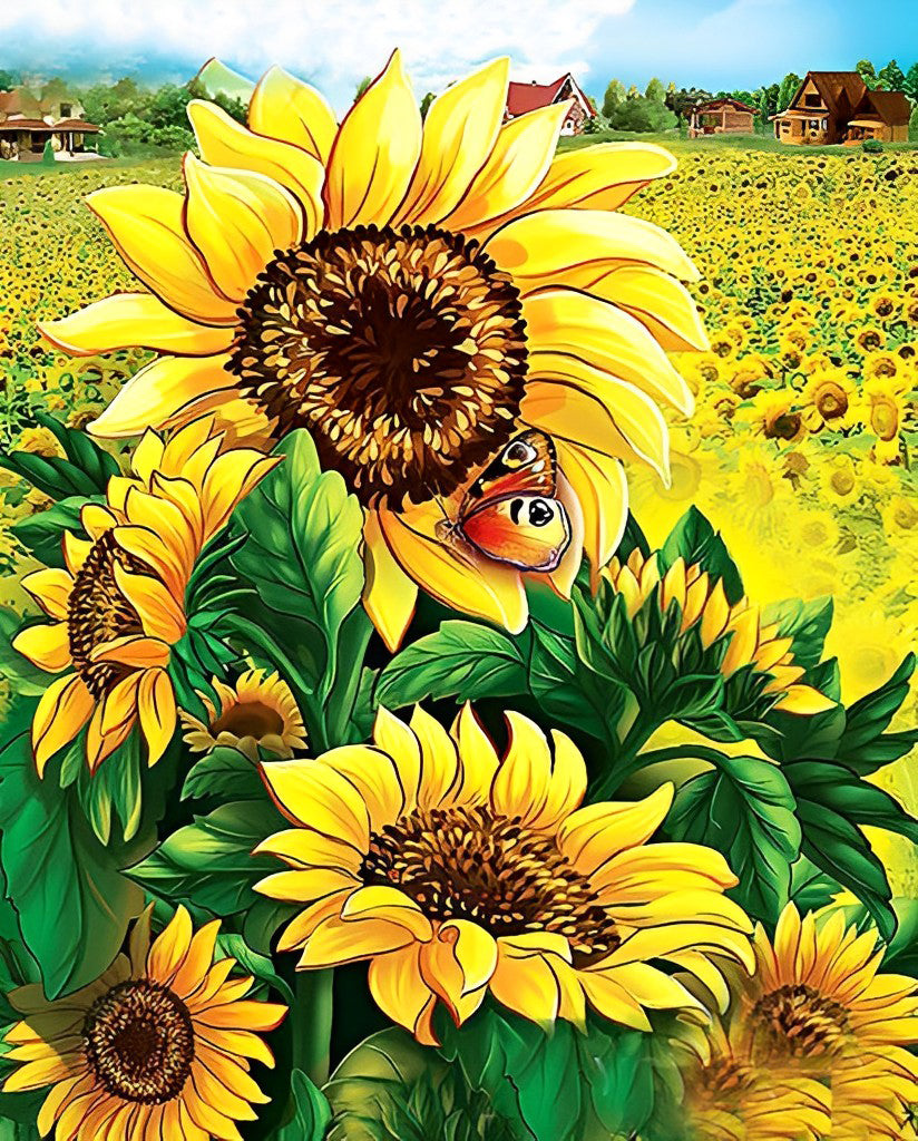 Een Groep Zonnebloemen en Vlinders in een Zonnebloemenveld Diamond Painting
