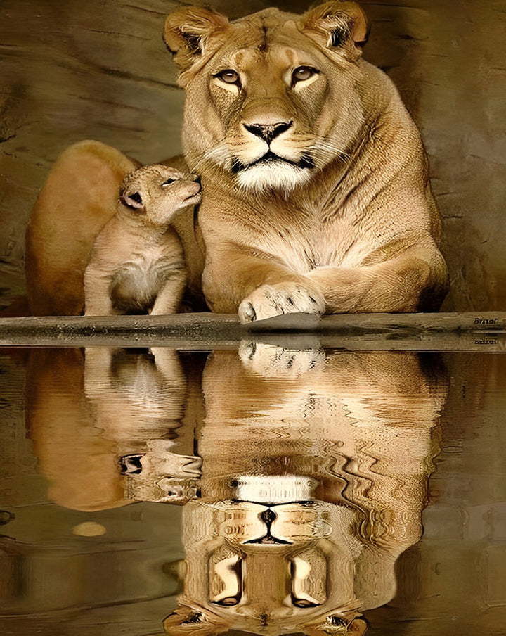 Een Grote Leeuw bij het Water met zijn Kind Diamond Painting