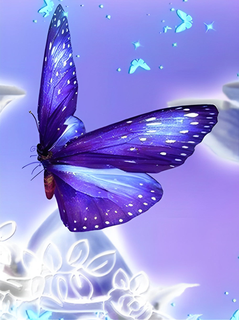 Een Grote Paarse Vlinder en Verschillende Kleine Blauwe Vlinders Diamond Painting
